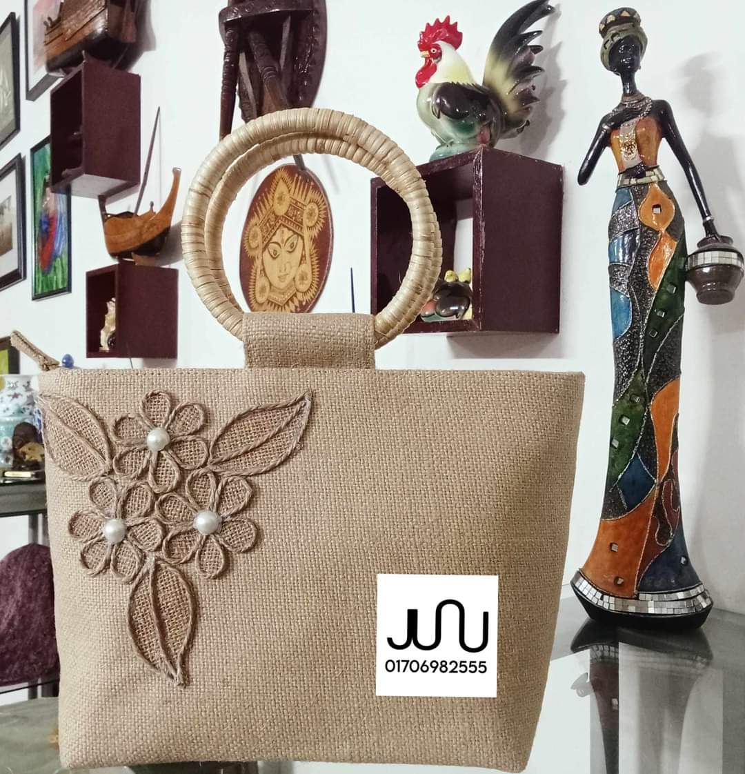 Floral ring-handle jute bag